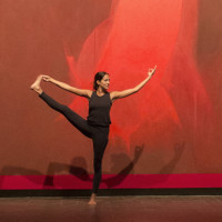 Jessica Pozzuoli performs yoga pose in Neuberger Museum of Art Theatre Gallery with Threnody by Cleve Gray