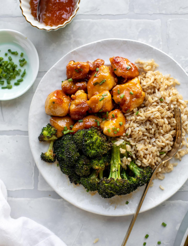 Sticky Apricot Chicken, Broccoli, and Rice