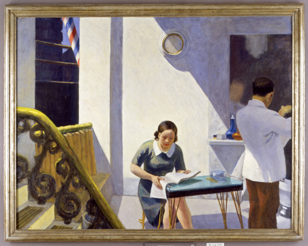 A painting depicting a woman seated at a small table reading a magazine inside a barber shop. The foreground has a portion of a flight of...