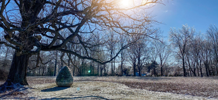 Egg shaped sculpture made of stone bricks sits under the branch of a tree with a dusting of snow ...