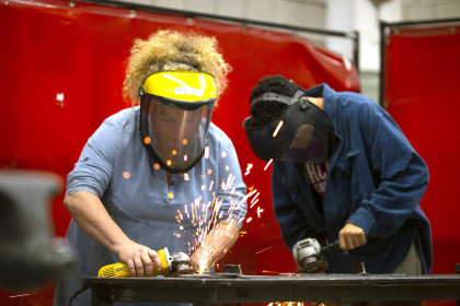 Working in the metal shop in the Visual Arts building