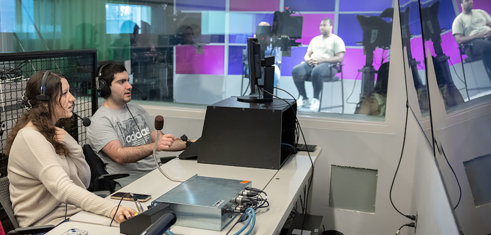 The Broadcast Studio in the Humanities building provides hands-on experience in a television control room and studio.