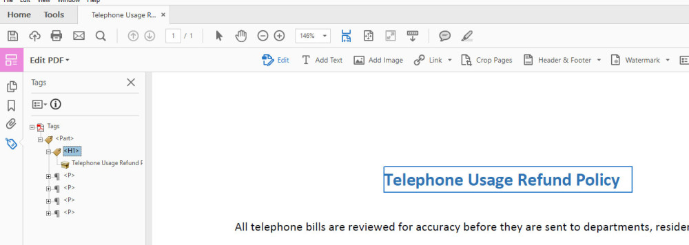 Adding and editing headers in Adobe Acrobat Pro, using the Tags tab.