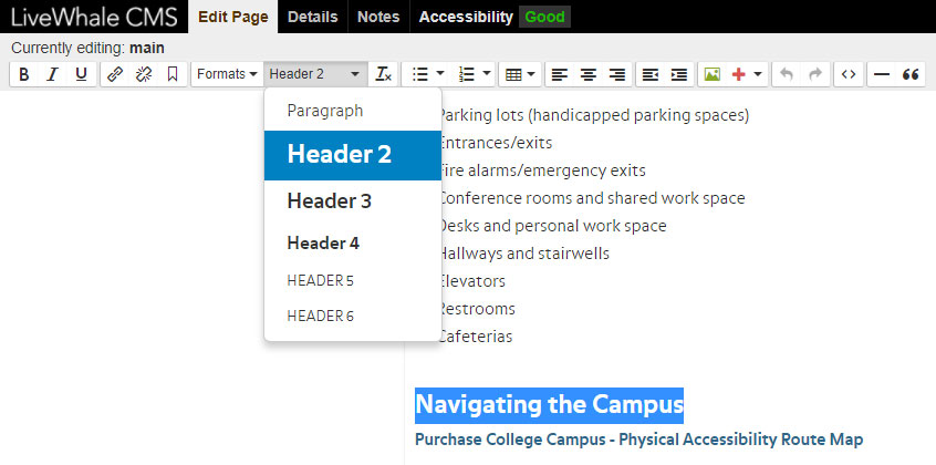Adding and editing headers in the livewhale cms purchase.edu