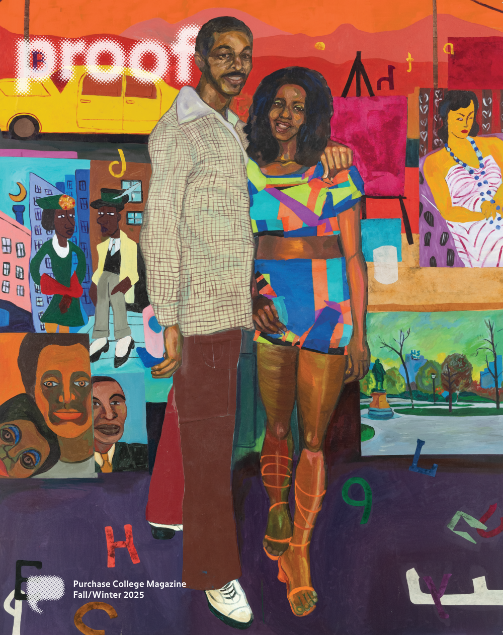 Colorful painting of a couple standing on a street with paintings staccked behind
