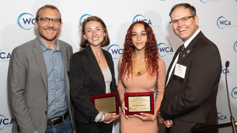 Professors Stephen Harris (left) and Ryan Taylor (right) with April McIlwaine and Georgie Humphries