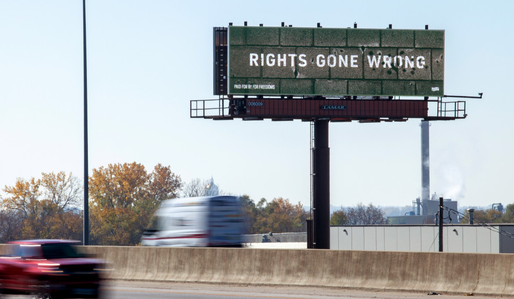 Rights Gone Wrong Community Design billboard in Des Moines IA