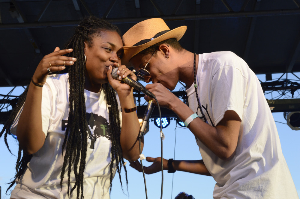 Le'Asha Julius '12 and Caleb Eberhardt '12, perform as Quincy Vidal at Culture Shock (Photo: Isaac Campbell)
