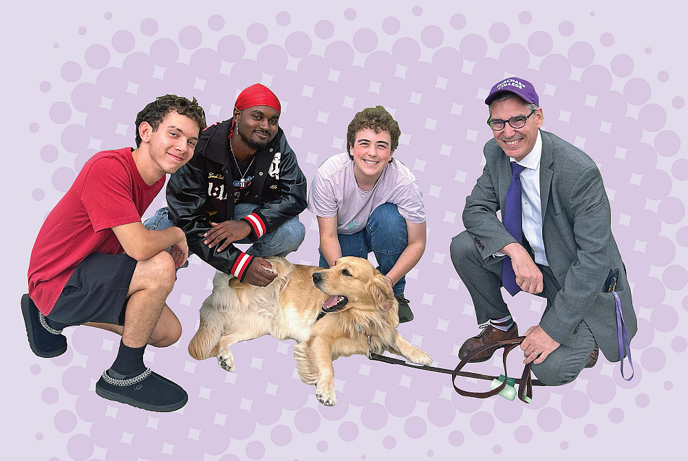 Students and President Steiper squat near his dog Nova over a purple halftone pattern.