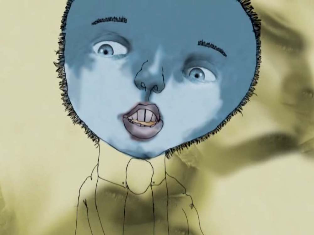 Odd illustrated blue face on tan background