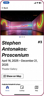 Screenshot of the Bloomberg Connects interface with image of neon art in gallery
