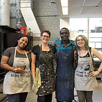 Beninese artist Hector Sonon with students Nana Achampon, Beth Gerrmone Ross and Emily Murray