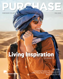 Cover of PURCHASE Magazine Fall 2019 Issue (Erin Sullivan '12 in the desert with sunglasses and a...