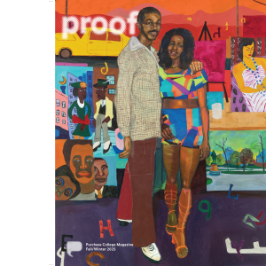 Colorful painting of a couple standing on a street with paintings staccked behind