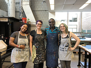Beninese artist Hector Sonon with students Nana Achampon, Beth Gerrmone Ross and Emily Murray