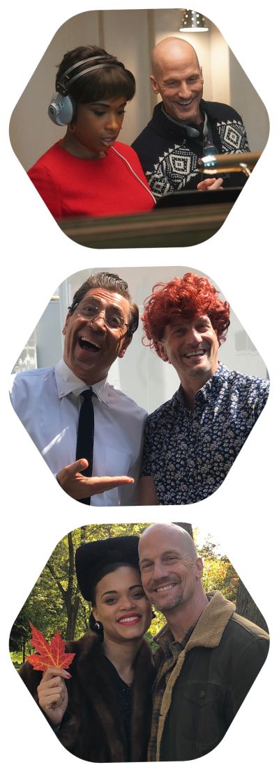 Top to bottom: Thom Jones with Jennifer Hudson on the set of Respect, Javier Bardem on the set of Becoming the Ricardos, and Andra Day on...