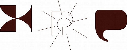 Three abstract maroon logo variations featuring curved geometric shapes, including a stylized letter P with radiating lines