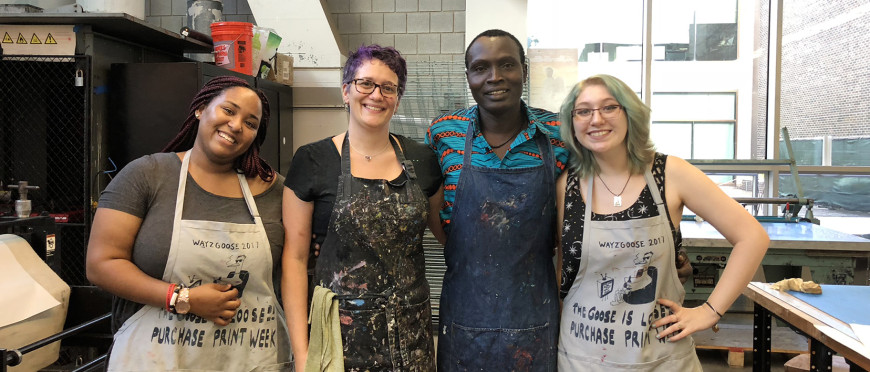 Beninese artist Hector Sonon with students Nana Achampon, Beth Gerrmone Ross and Emily Murray