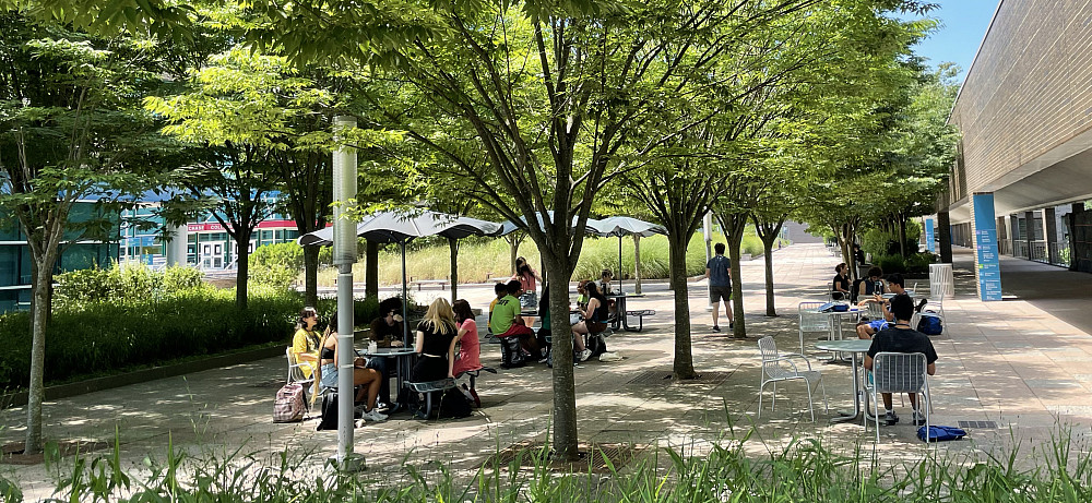 People at tables on the plaza.