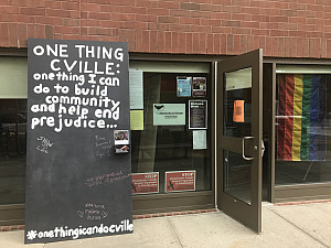 Multicultural Center invites passers by to comment on the one thing they can do to build community and help end prejudice.