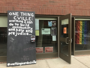 Multicultural Center invites passers by to comment on the one thing they can do to build community and help end prejudice.