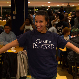 Girl wearing Game of Pancakes t-shirt