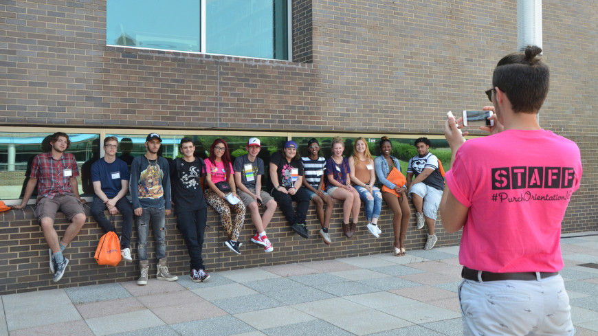 Orientation Leader with group of incoming students