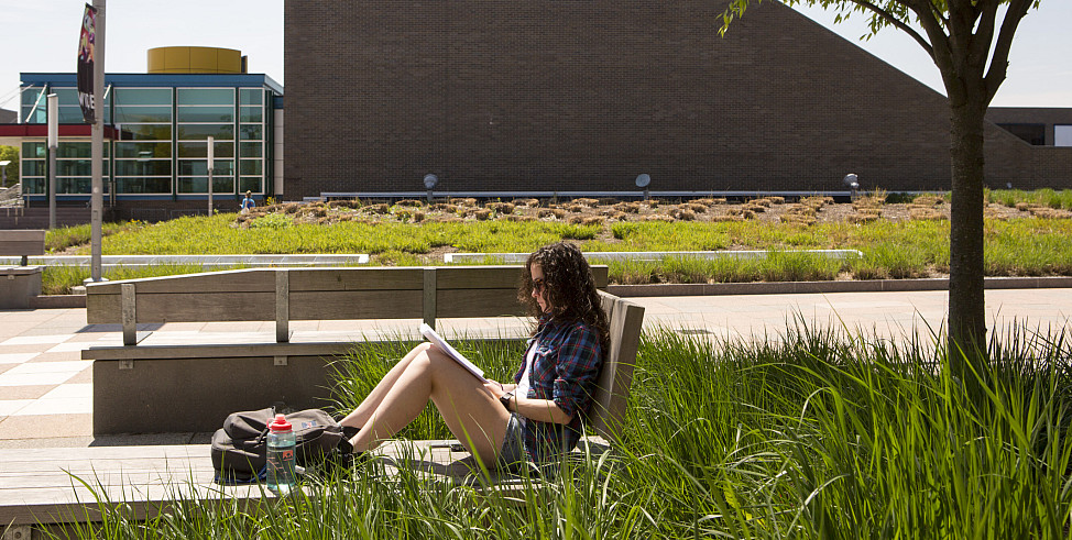 Student sitting on a bench reading a book.