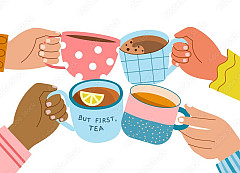 cartoon hands with cartoon tea mugs