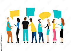 cartoon individuals talking with speech bubbles above them