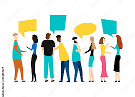 cartoon individuals talking with speech bubbles above them