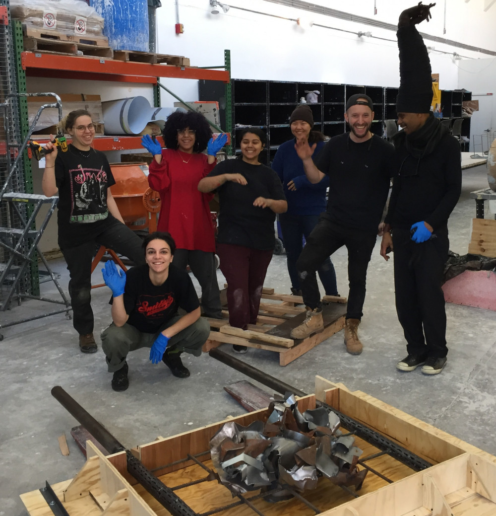 From left to right: VA students: Abigayle Pusz, Maria Licciardi (below), Debora Martinez, Analilian Rodriguez, Xingyun Wang; 3-D Media Instructor Felix Matta-Fletcher; and artist Engels the Artist.