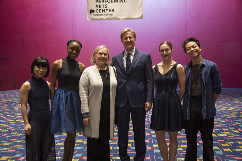 Student dancers on either side of Lucille Werlinich, Purchase College Foundation Board President and James Sandling, Chair of The Perfo...