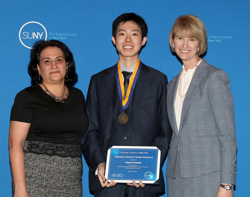 Asst. Professor Knarik Tunyan, Takashi Mukoda '19, SUNY Chancellor Kristina Johnson