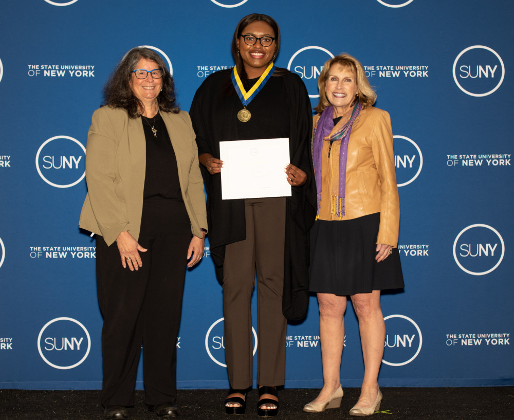 Laila Wilson '22, SUNY Chancellor's Award Winner with Purchase College President Milly Peña (left), and SUNY Interim Chancellor Deborah ...
