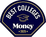 Dark blue badge with Best Colleges and Money in white and a grad cap outline and 2025 in gold.