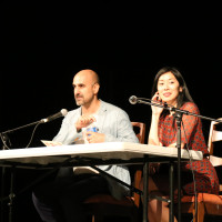 Authors Hari Kunzru and Katie Kitamura on stage during the Durst Distinguished Lecture Series.