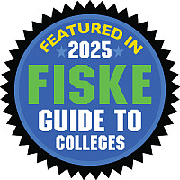 Blue starred badge with Featured in 2025 Fiske Guide to Colleges
