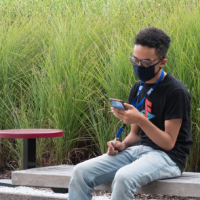 Student on campus viewing a cell phone