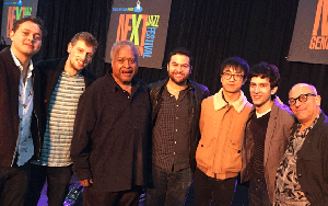 L to R: Juan-Camilo Sanchez, drums; Richard Bomzer, tenor saxophone; Ray Drummond, bassist and judge;  Jun Xiao, guitar; Marcio Garc...