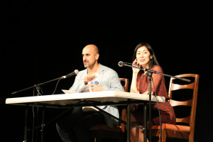 Authors Hari Kunzru and Katie Kitamura on stage during the Durst Distinguished Lecture Series.