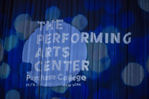 The PAC logo projected on the PepsiCo Theatre's stage curtain.