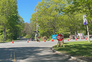 A crossroads with orange cones and a railroad crossing gate.