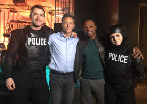 Robert Buckley; Steven Weber '83; Malcolm Goodwin '03; and Rose McIver in the CW's iZombie