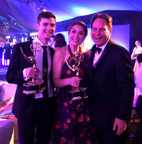 Alumni Ben Green '15, Melissa Shakun '08, and Professor David Grill '86 at the Emmy Awards in 2018.
