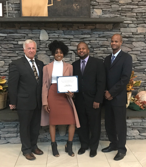 Left to right: Malcolm Harris, retired Chief of SUNY Utica Police, whose family the scholarship honors; Shania Wofford; Chief Dayton Tucker and Lieutenant Donnelle Charles, both of NYSUP at Purchase.