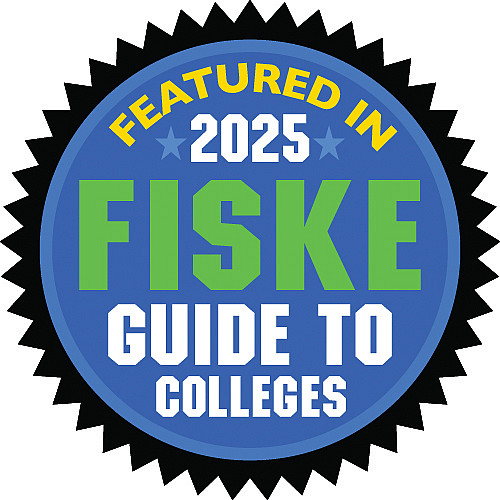 Blue starred badge with Featured in 2025 Fiske Guide to Colleges