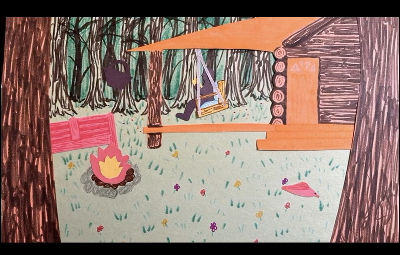 Jessica Scott a cabin and a campsite with a fire