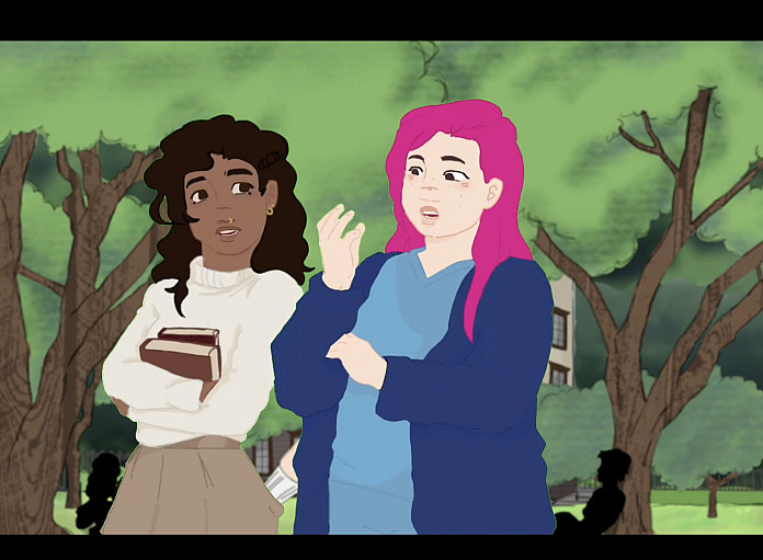 Ray Chizmadia a picture of two girls one holding books, one has pink hair. They have their arms folded