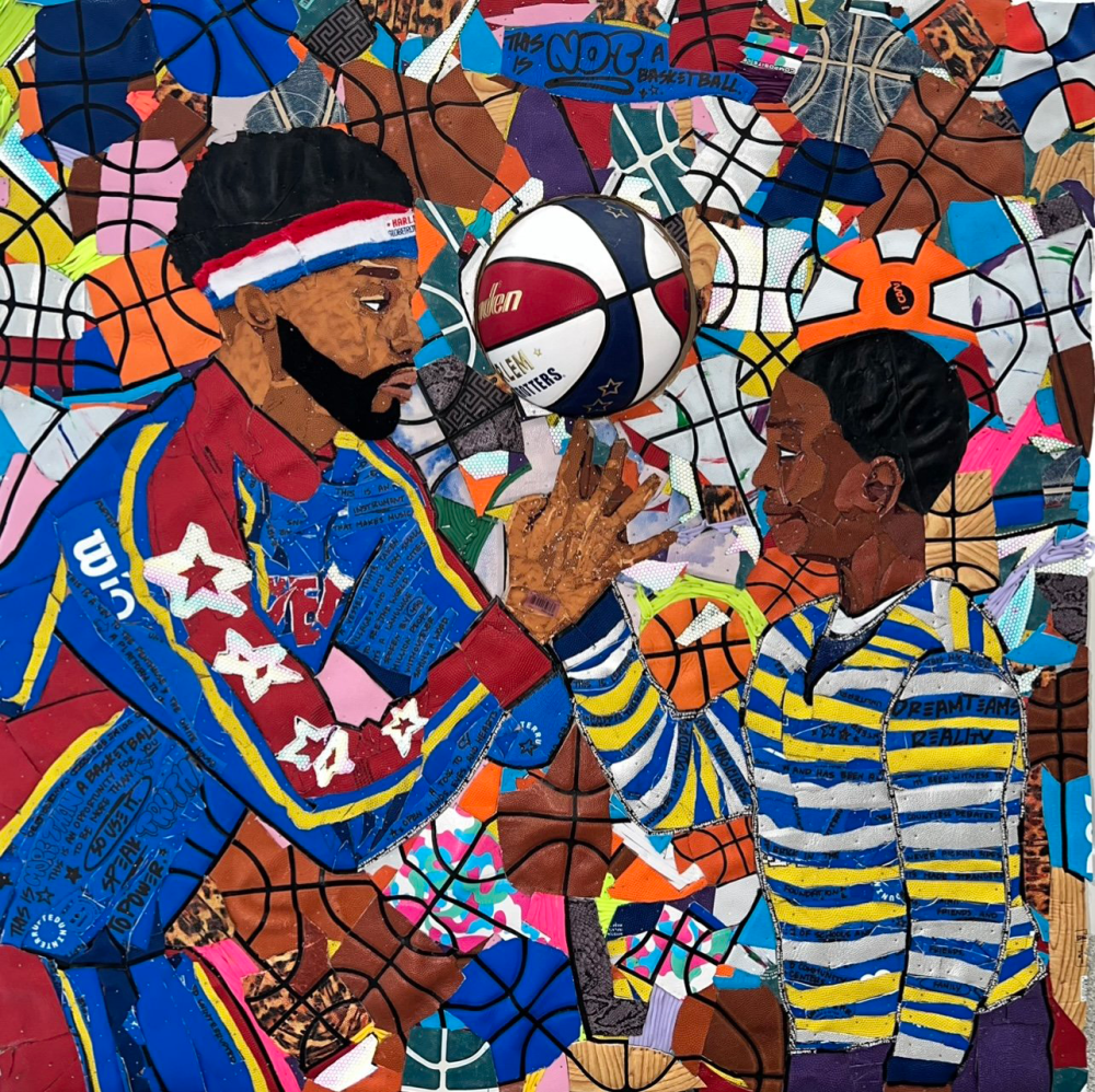 Colorful collage of man and boy with basketball spinning between them